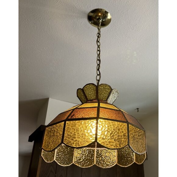 Vtg Tiffany Style-Amber Bubble Glass Ceiling Light Fixture 70’sRetro 16” - Picture 2 of 8